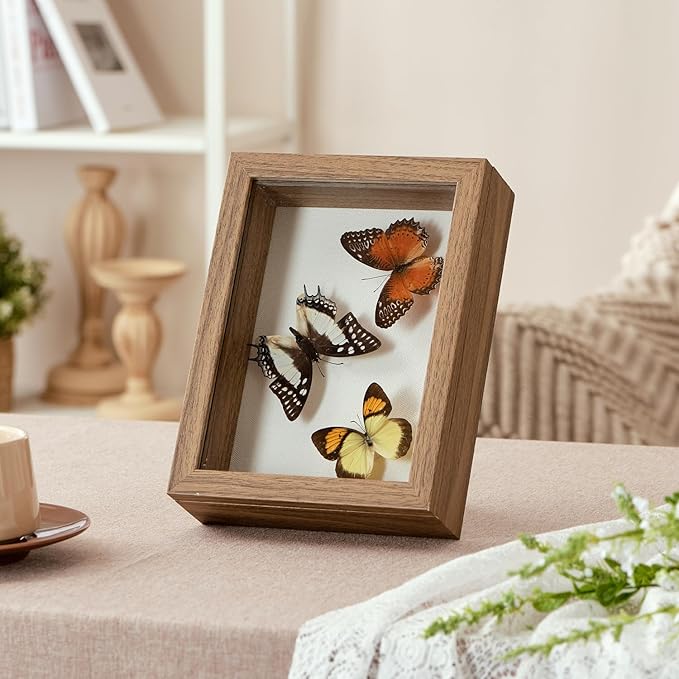 5x7 Deep Shadow Box Picture Frame Display Case with Linen Back and Stand,Real Glass Small Mini Brown Shadow Memory Box Frame 5x5 for Insect Display Pet Photo Memorial Flower Art Craft Gift