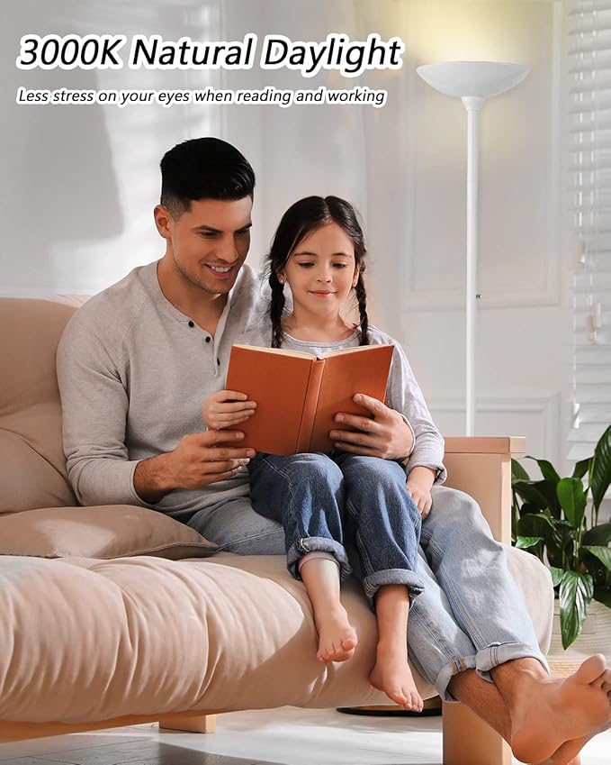 BoostArea Torchiere Floor Lamp, 30W Super Bright LED Standing Lamp, 3000K Stepless Dimmable Pole Lamp with Rotary Switch, 70 Inch Tall Metal Modern White Floor lamp for Living Room/Bedroom/Office/Den