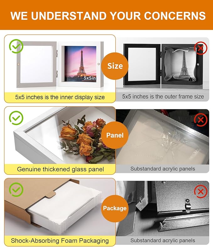 5x5 Deep Shadow Box Picture Frame Display Case with Linen Back ,Real Glass Small Mini White Shadow Memory Box Frame 5x5 for Insect Display Pet Photo Memorial Flower Art Craft Wall Decor Gift