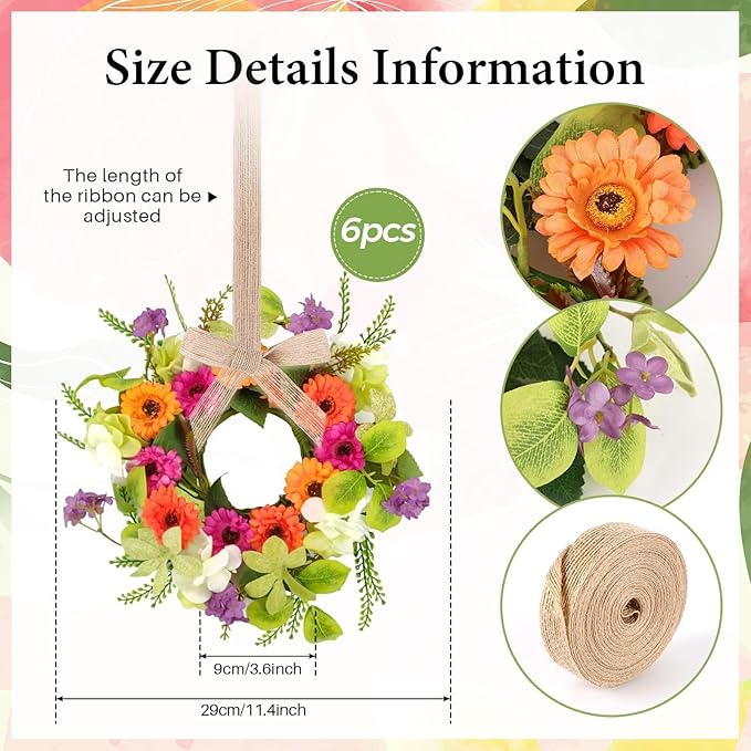 6 Pcs Artificial Summer Wreaths Mini Colorful Daisy Floral Wreath Farmhouse Spring Swag Kitchen Cabinet Wreaths Hanging Flowers Wreath for Front Door Indoor Outdoor Home Decor Festival Celebrations
