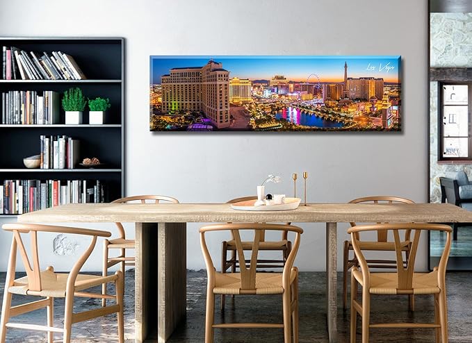 Las Vegas Skyline Wall Art Cityscape Canvas Prints City Modern Building Posters Bellagio Fountain Skyscraper Night View Panoramic Pictures for Home Office Living Room Decor Framed 13.8"x45.3"