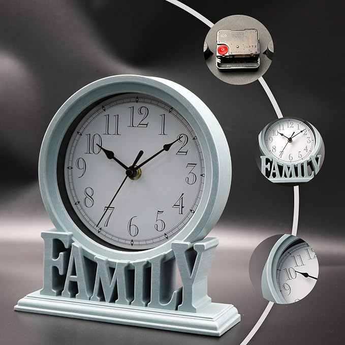 Clumsypets 6.5 Inches Table Clock, Vintage Non-Ticking Family Mantel Desk Clock Battery Operated with Quartz Movement HD Glass for Kids Bedroom Living Room Office (Cottage Blue)