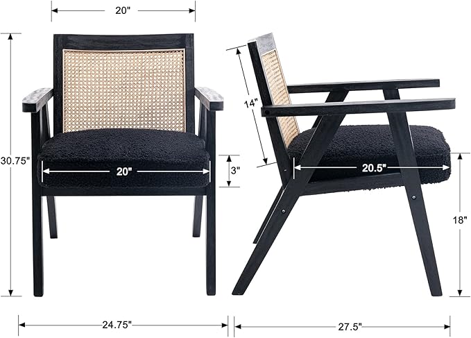 Accent Rattan Chairs Set of 2, Faux Fur Upholstered Living Room Chairs with Cane Back, Retro Mid Century Modern Cane Chair Armchair for Reception Reading Indoor Outdoor, Black