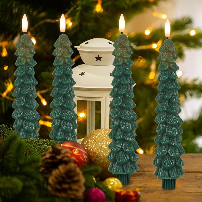 GenSwin Christmas Tree Flameless Taper Candles with Remote Timer, Christmas LED Taper Candles with 3D Flame, 4 Pcs Green LED Candlesticks for Christmas Home Decoration(0.78” x 9.8”)
