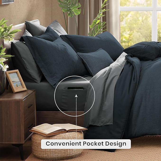 Monbix California King Comforter Set - 7 Pieces Cationic Dyeing Navy Blue Bed in a Bag Cal King Bedding Sets with Comforter, Sheets, Pillowcases & Shams, Reversible Bedding Comforters Sets(108 * 92)