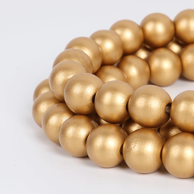 58in Wood Bead Garland with Tassels, Farmhouse Rustic Country Decor Prayer Boho Wall Hanging Decoration (Gold)