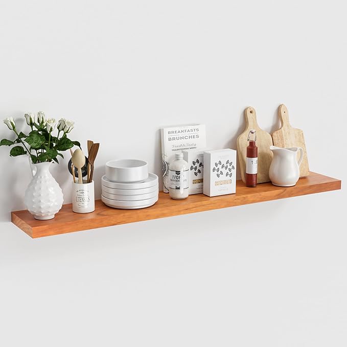 Light Brown Wooden Floating Wall Shelves 48 Inches Long x 8”x 1.4” Shelf Floating Rustic Farmhouse Decor, Heavy Duty Shelf Hold 100 lbs, Wall Shelves for Bathroom Living Room Kitchen Bedroom Office