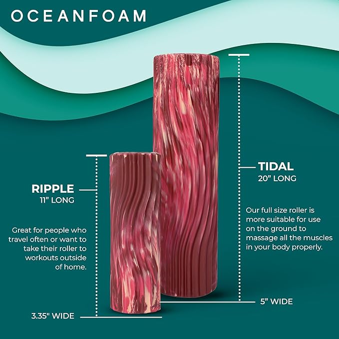 Oceanfoam Tidal Roller - Maroon, Blush & Hot Pink Marbled - Muscle Massage Foam Roller for Back Pain & Stretching - Firm & Ergonomic Wide Wave Textured - Yoga & Athletics - Full Size, 20" x 5"