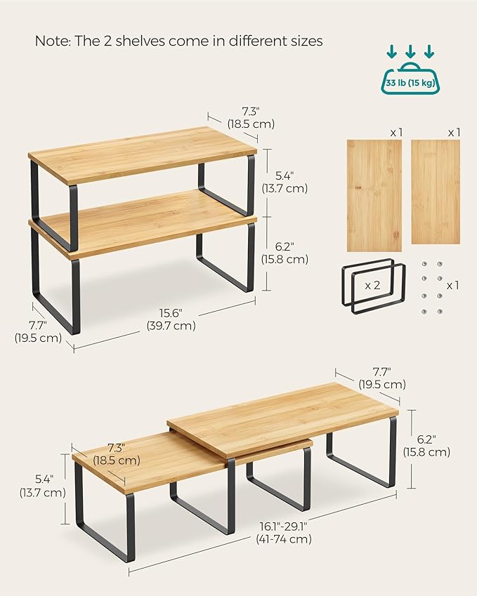 SONGMICS Cabinet Organizer Shelf, Set of 2 Kitchen Counter Shelves, Kitchen Storage, Spice Rack, Stackable, Expandable, Metal and Engineered Wood, Ink Black and Natural Beige UKCS200B01