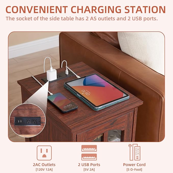 Narrow Side Table,Farmhouse Nightstand with Charging Station,Wood End Table with Glass Barn Door Storage, Cabinet Organizer with Adjustable Shelf, Night Stand for Small Spaces for Living Room Bedroom