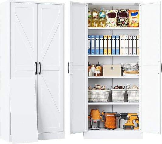 SISESOL Metal Storage Cabinet with 2 Doors and 5 Shelves,61 inch White Pantry Storage Cabinet,Large Farmhouse Pantry Cupboard for Home,Kitchen,Dining/Living Room