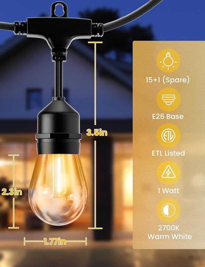 Svater Outdoor Led String Lights 50FT, Patio Lights with 16pcs S14 Shatterproof Bulbs, 1 Watt E26 Dimmable 2700K Warm White, IP65 Waterproof, Commercial Grade Light