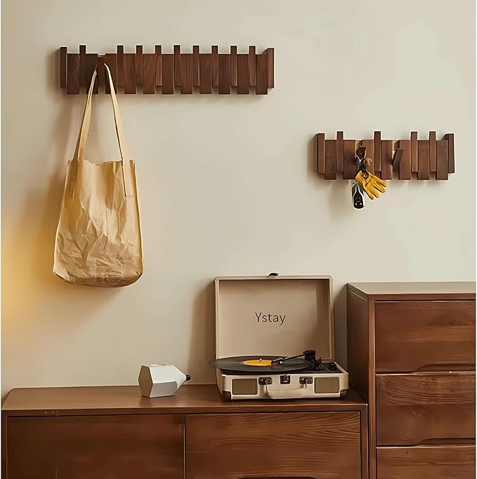 Wall Mounted Piano Key Hanger | Flip Style Hook | Entrance Wall Art Hook, Made of Oak Wood (3 Times Painted, 4 Times Polished) (Walnut, 4Hooks)