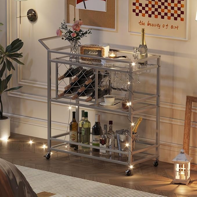 FATORRI Bar Cart Silver, Bar Carts for The Home, Home Bar Serving Carts for Liquor, Rolling Wine Cart with 3 Tier Mirrored Shelves on Wheels for Alcohol and Beverage (Silver)