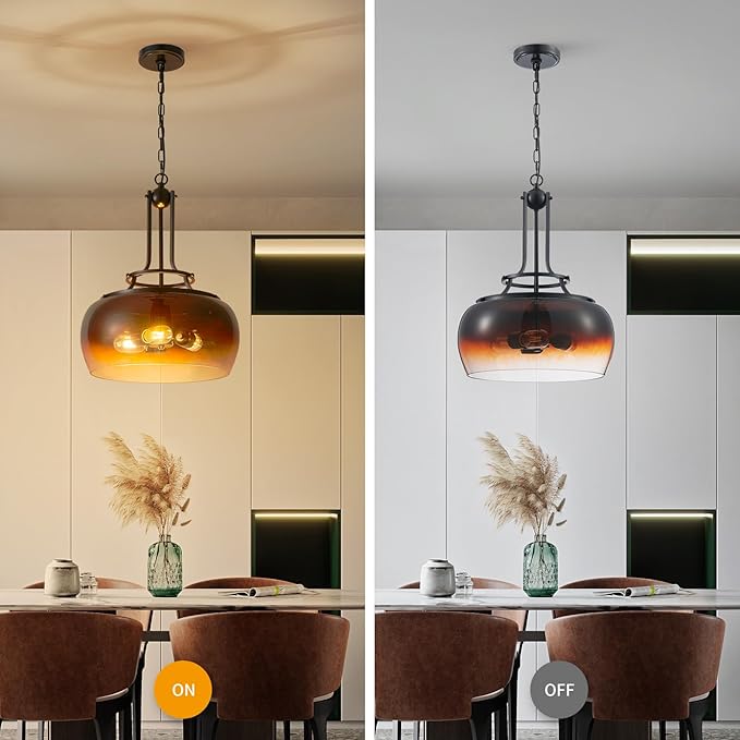 WUZUPS Chandelier Rustic Farmhouse Industrial Round Ceiling Pendant LED Light Fixture with Amber Gradient Black Glass Shade for Dining Room Kitchen Island Foyer Entryway, H 20.9" W 15.9", E26 Base