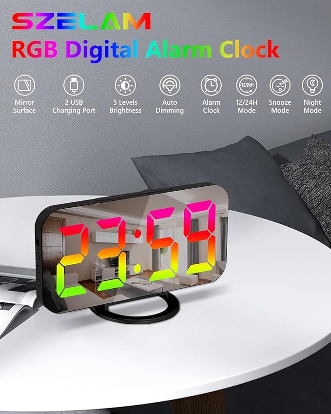 SZELAM LED RGB Digital Alarm Clock,with 11 Color Modes Display,Mirror Surface,Dual USB Charger Ports,Modern Desk Clocks for Bedroom Home Office Decor- Black