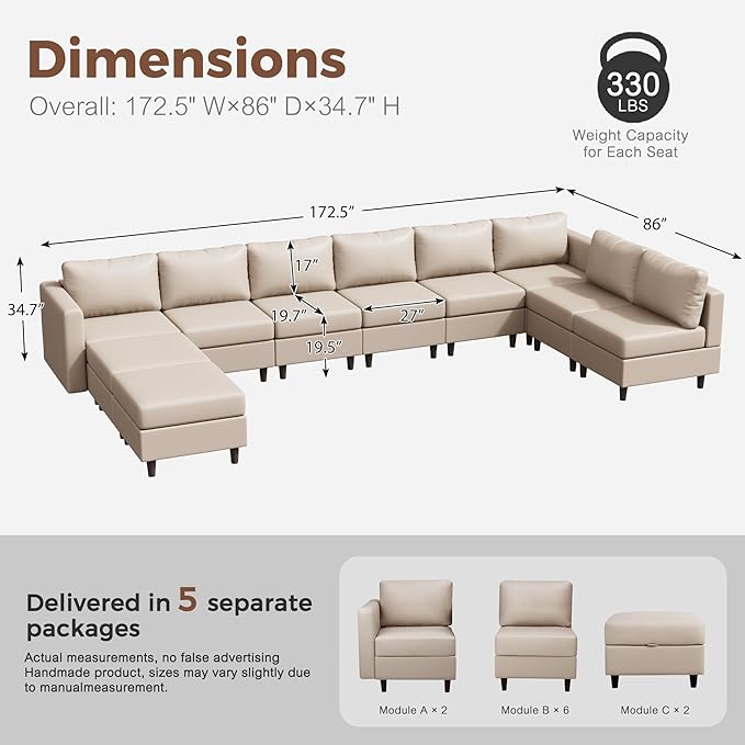 Oversized 172.5" Faux Leather Modular Sectional Sofa, Modern Large 10 Seater U Shaped Couch with Storage Seat with Reversible Chaise Deep Seat for Living Room DIY Combination - Whitesand