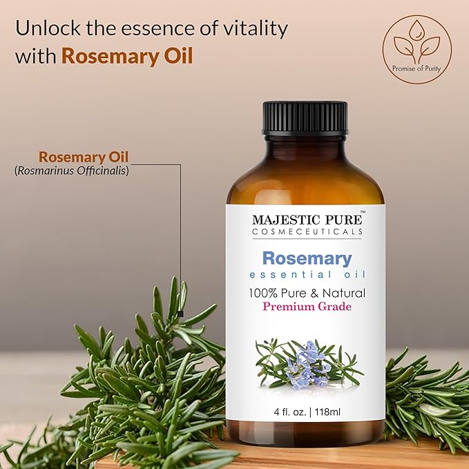 Majestic Pure Rosemary Essential Oil with Glass Dropper - Huge 4 Fl Oz - 100% Pure and Natural Rosemary Oil - Premium Grade Essential Oils for Diffuser, Aromatherapy, Soap and Candle Making