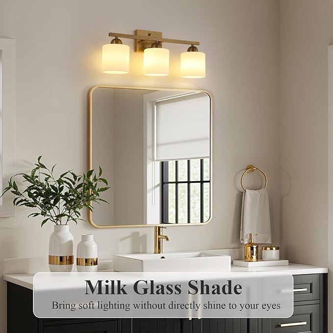 Stainless Steel Milk Glass Vanity Lights for Bathroom, 3 Light Brass Bathroom Light Fixtures Over Mirror, Ceramic E26 Sockets Wall Mounted