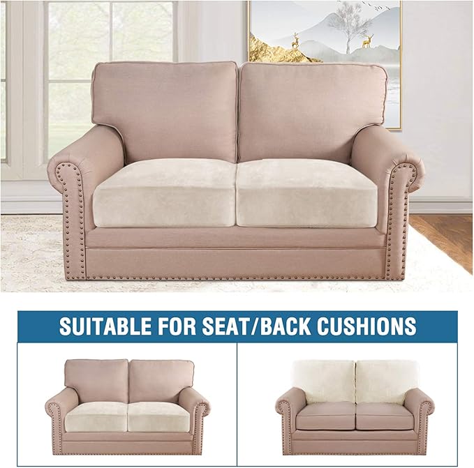 H.VERSAILTEX Velvet Stretch Couch Cushion Cover Plush Cushion Slipcover for Chair Loveseat Sofa Cushion Furniture Protector Seat Cushion Sofa Cover (2 Piece Medium Sofa Cushion Covers, Ivory)