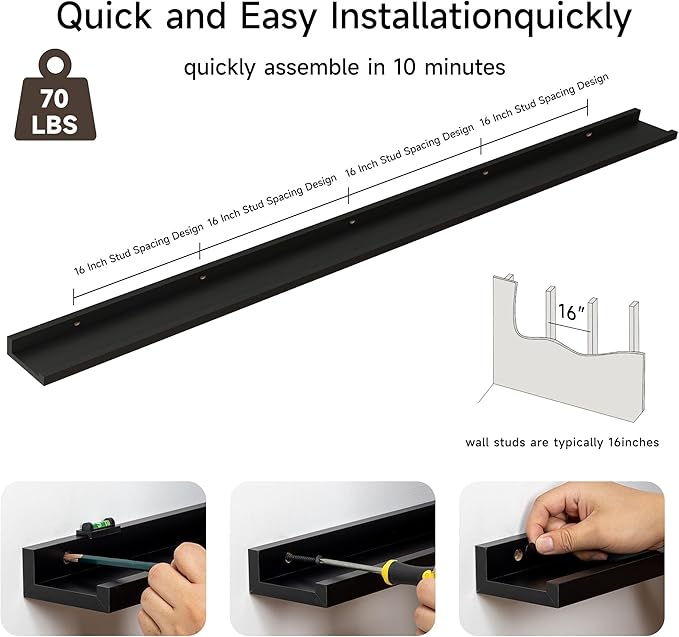 Floating Picture Ledge Shelves for Wall Set of 2, 84 Inches Picture Ledge Shelf with Long Large Nursery Book Shelf for Toys Storage Kids Bookshelf Wall Mounted Living Room Bedroom Decor Frames, Black