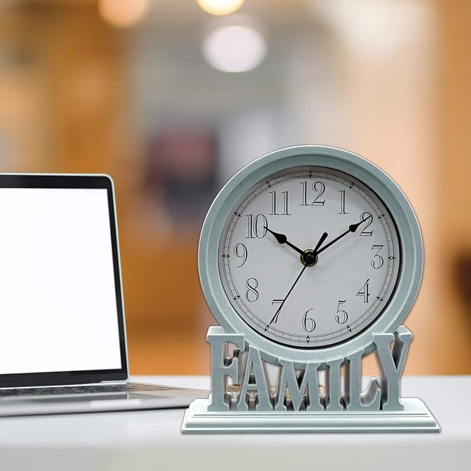 Clumsypets 6.5 Inches Table Clock, Vintage Non-Ticking Family Mantel Desk Clock Battery Operated with Quartz Movement HD Glass for Kids Bedroom Living Room Office (Cottage Blue)