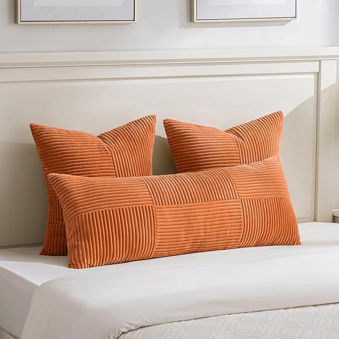 Fancy Homi 2 Packs Burnt Orange Big Decorative Throw Pillow Covers 24x24 Inch for Living Room Couch Bed, Farmhouse Boho Home Decor, Soft Corss Corduroy Patchwork Accent Square Cushion Case 60x60 cm