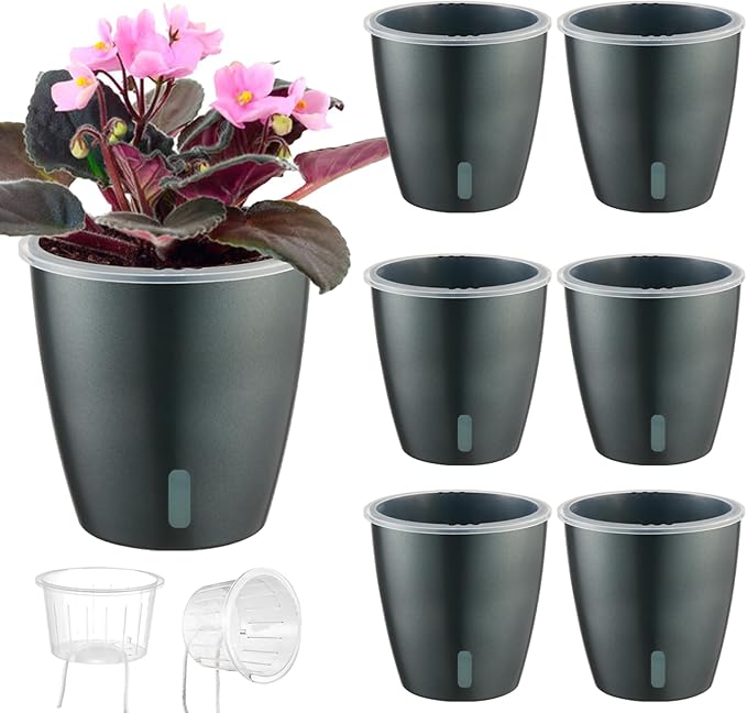 Self Watering Pots for Indoor Plants, 6-Pack 5'' Self Watering Planter with Drainage Holes, Small African Violet Pots with Water Indicator, Clear Wick Orchid Pot, Grey