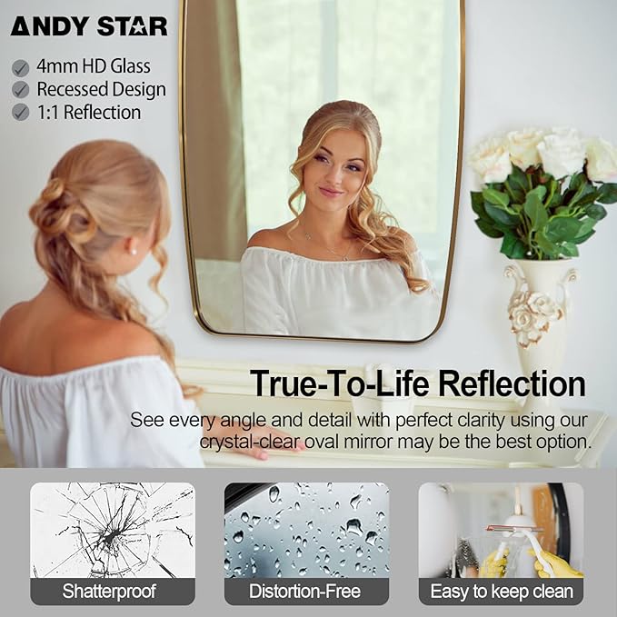 ANDY STAR Gold Oblong Mirror, 36x48 Inch Gold Oval Mirror for Bathroom with Stainless Steel Metal Frame, Wall Mouned for Bathroom, Living Room, Entryway