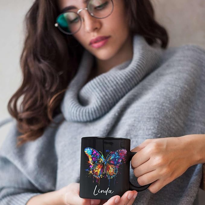 Customized Butterfly Mug, Themed Coffee Cup, Gift For Men Women, Personalized Name Butterfly Black Mug, Ceramic Cup 11oz 15oz, Lover Mug