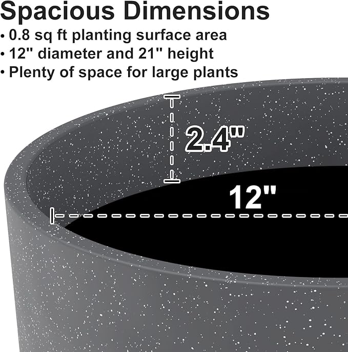 Tall Flower Pot Indoor - Outdoor Plant Pot - Black Glossy Planter - Elegant Stone Imitation - 12" Diameter 21" Tall with Drainage Holes and Saucer