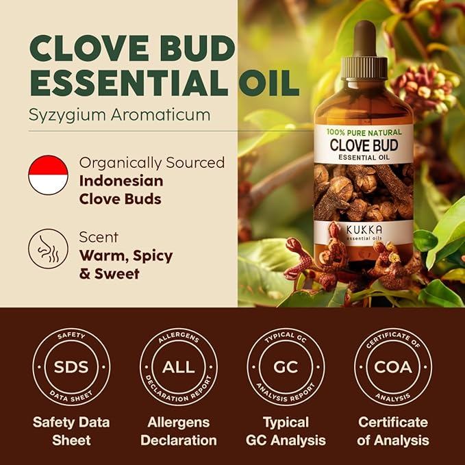 Kukka Clove Oil for Teeth and Gums - 4 Fl Oz - 100% Pure Natural Clove Essential Oil - Steam distilled from Flower Buds for Potency - Perfect Solution for Oral Care, Hair, Diffuser & Soap Making Scent