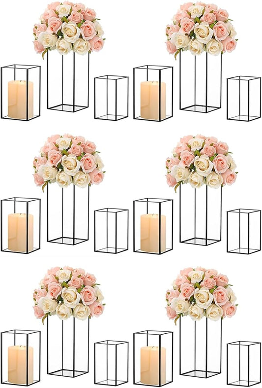 Hewory Glass Hurricane Candle Holder Set of 18, Black Large Hurricane Centerpiece for Table, Tall Floor Square Pillar Candle Holders Lantern Set for Wedding, Anniversary, Party, Fireplace, Dining Room
