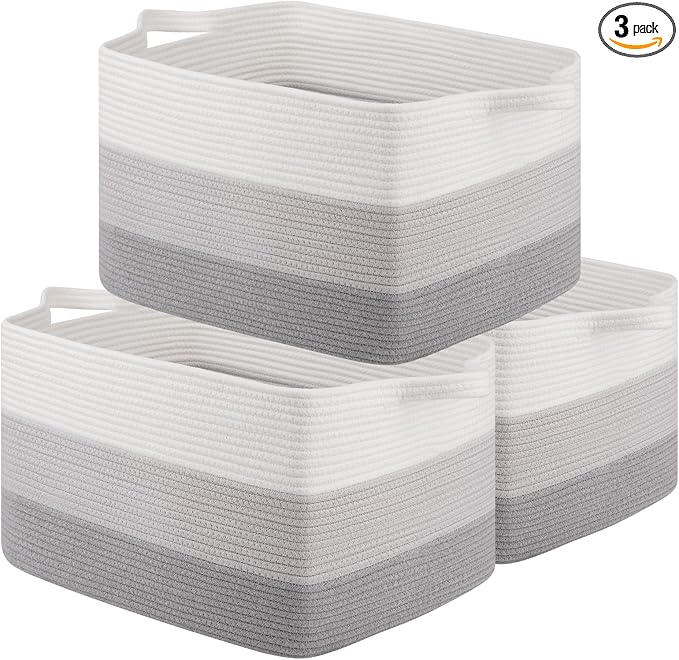 OIAHOMY Rectangle Woven Storage Basket - Nursery Cotton Rope Baskets for Storage, Toy Basket Organizing for Living Room, 17.7"x13.8"x11"- Pack of 3 - Gradient Gray
