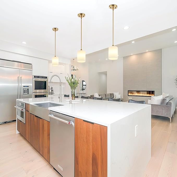 Modern Gold Pendant Light Brushed Brass Mid Century Chandelier White Cylinder Glass Shades Adjustable Rods Farmhouse Ceiling Hanging Lighting Fixture Kitchen Island Dining Room Bedroom