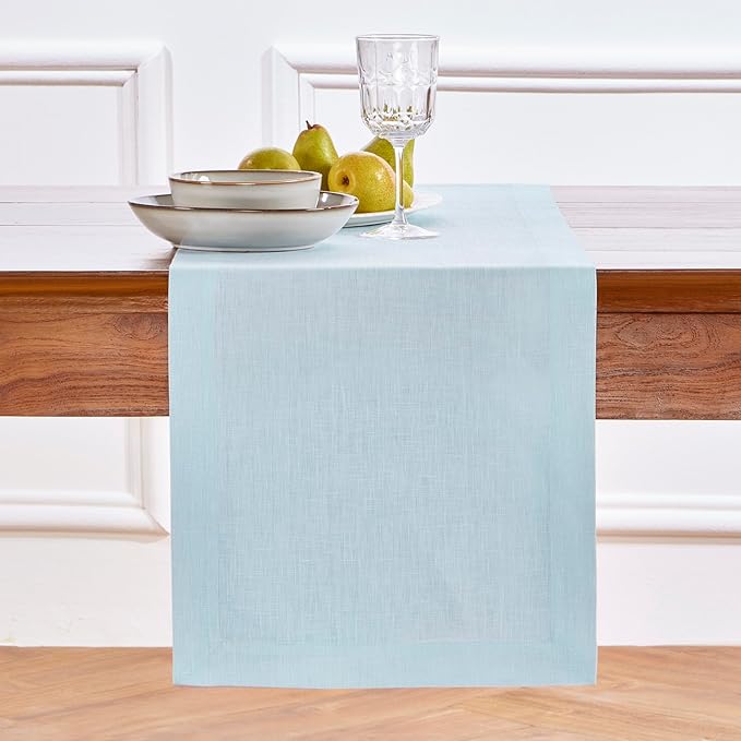 Solino Home Linen Ice Water Table Runner 48 Inches - 100% Pure Linen Farmhouse Short Table Runner 14 x 48 Inch Ideal for Dresser and Coffee Tables - Fete