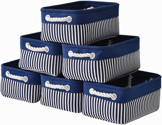 TcaFmac Small Storage Baskets [6 Pack] - Navy Blue Rectangular Storage Bins with Blue Stripes