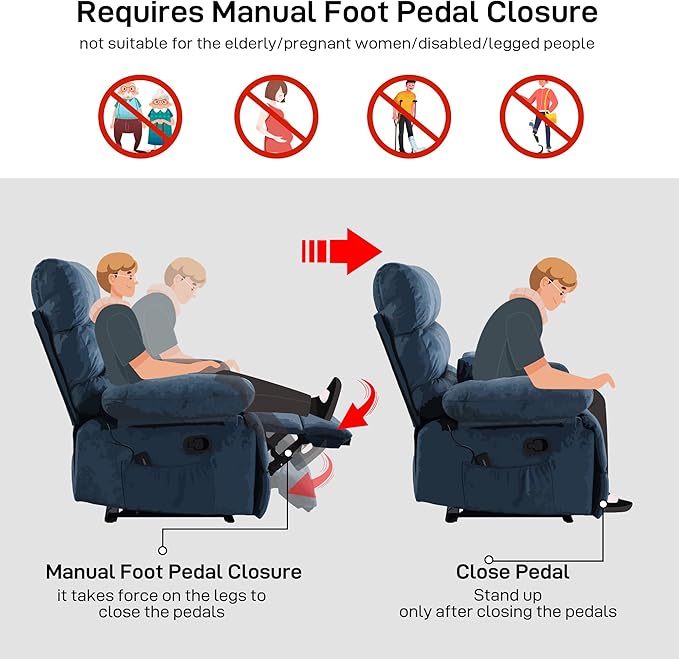 Oversized Recliner Chair Extra Wide Large Recliner for Adults 350lbs with Lumbar Support Pillow Nursery Chair Living Room (Manual, BLUE-6002)