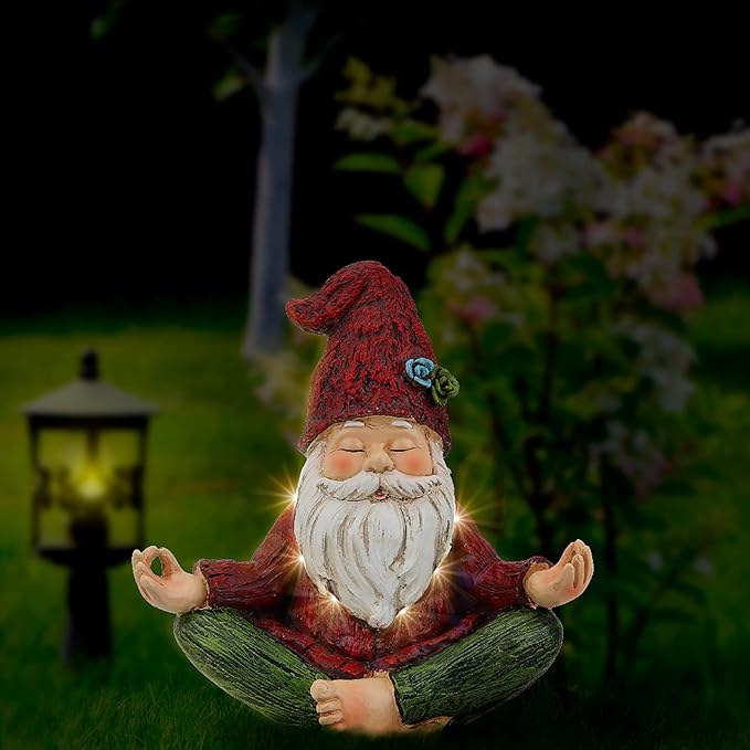 Garden Yoga Gnome Statue, Outdoor Gnomes Figurine with Solar Lights, Knome in Yoga Pose for Garden Decor, Elf Sculptures and Statues for Patio Lawn Yard