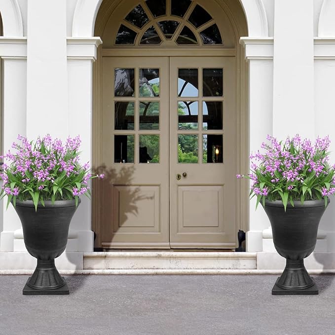 Worth Garden 2-Pack Plastic Urn Planters for Outdoor Plants, 22'' Black Tall Round Classic Resin Traditional Flower Pots - 15 in. Dia. Large Imitation Stone Decorative Pot Patio Deck Front Porch