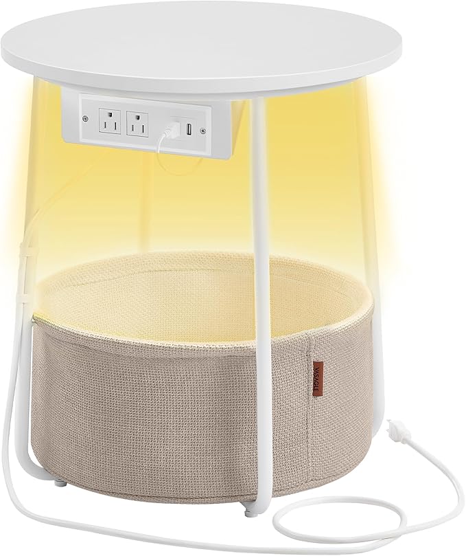 VASAGLE Side Table with Charging Station, Round End Table with Fabric Basket, LED Nightstand with Power Outlets, USB Ports, for Living Room, Bedroom, Modern, Matte White and Camel Brown ULET227W01