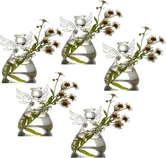Angel Design Glass Vases Clear Flower Plant Terrarium Container Hanging Vase Wedding Decor Garden Ornaments Hanging Planter (Pack of 5)