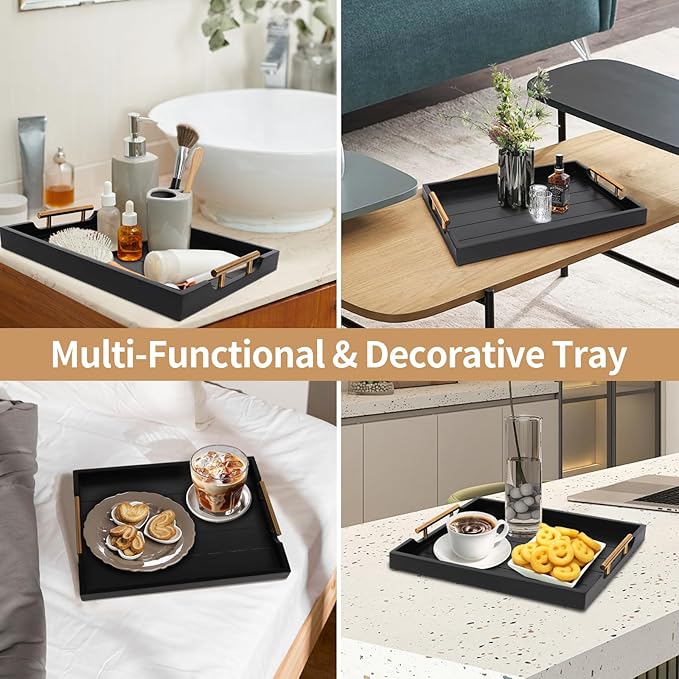 Coffee Table Trays - Large Ottoman Tray for Living Room - Wood Serving Trays with Handles(2 Sets) - Wooden Tray for Coffee Table, 4 Round Coasters Included, Black