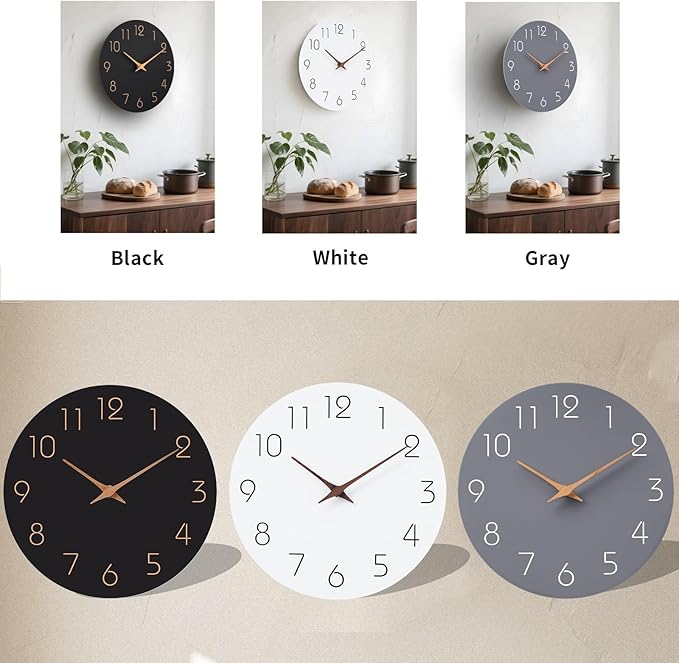 Mosewa 12 Inch Black Wall Clock Battery Operated Silent Non Ticking Modern Simple Minimalist Decorative for Kitchen Bedroom Home Office Bathroom Living Room