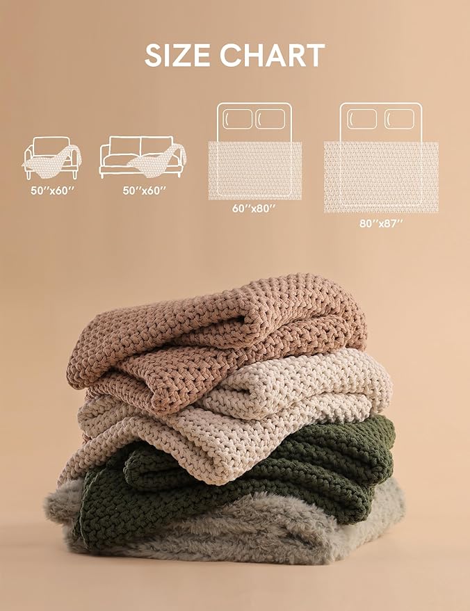 YnM Chunky Cotton Knit Throw Blanket, Cable Knit Throws for Bed Couch Sofa, Comfy & Relaxing, Decorative Piece for Farmhouse Modern Boho Rustic Scandinavian Chic Vibe, Pine Green 60x80 Inches