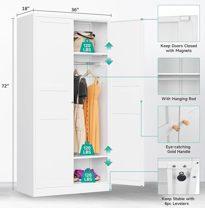 Metal Wardrobe Cabinet with Hanging Rod,White Armoire Wardrobe Closet,Metal Clothing Storage Cabinet with Adjustable Shelves and Doors,72" Wardrobes Storage Cabinet for Home,Living/Laundry Room