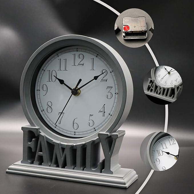 6.5 Inches Table Clock, Vintage Non-Ticking Family Mantel Desk Clock Battery Operated with Quartz Movement HD Glass for Kids Bedroom Living Room Office (Distressed Grey)