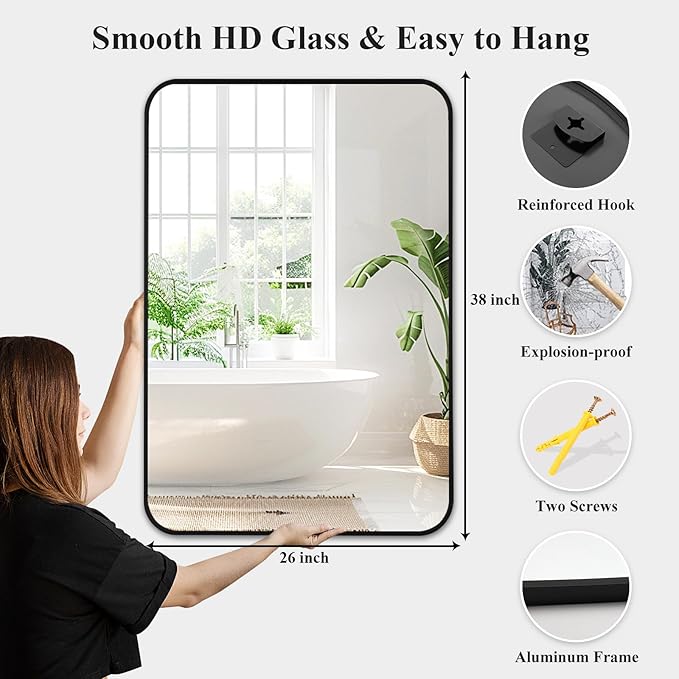 Fabuday Big Black Bathroom Mirror for Over Sink Wall - 26x38 Rounded Rectangle Mirror with Matte Metal Frame, Large Rectangular Vanity Mirrors for Bedroom, Entryway, Horizontally/Vertically