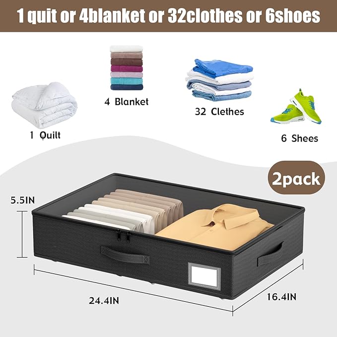 Underbed Storage With Wheels, No Assembly Required - 5.5 Inch Height Black Underbed Bins, Low Profile Rolling Shoe Storage Containers for Dorm