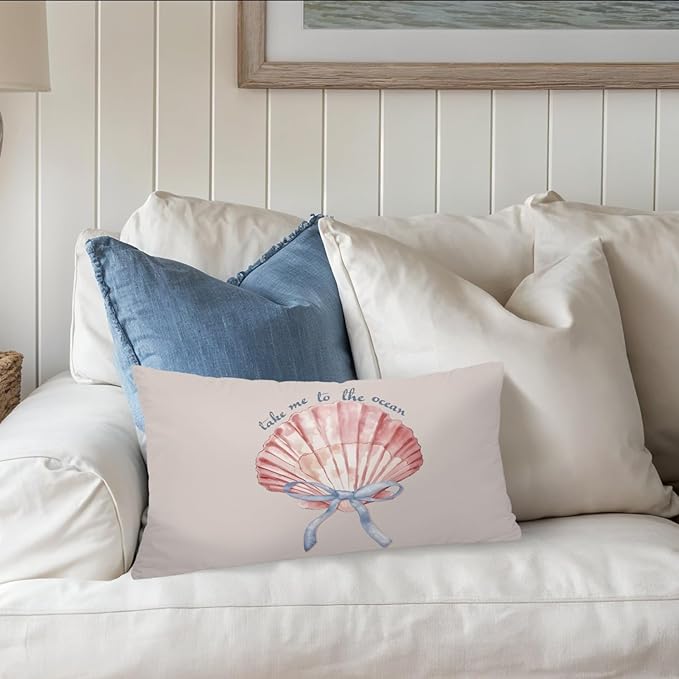 Coastal Girly Room Decor Aesthetic 12x20 Pillow Cover, Take Me to The Ocean Coquette Bow Seashell Decorative Lumbar Pillow Covers for Girls Bedroom College Dorm Sofa Couch